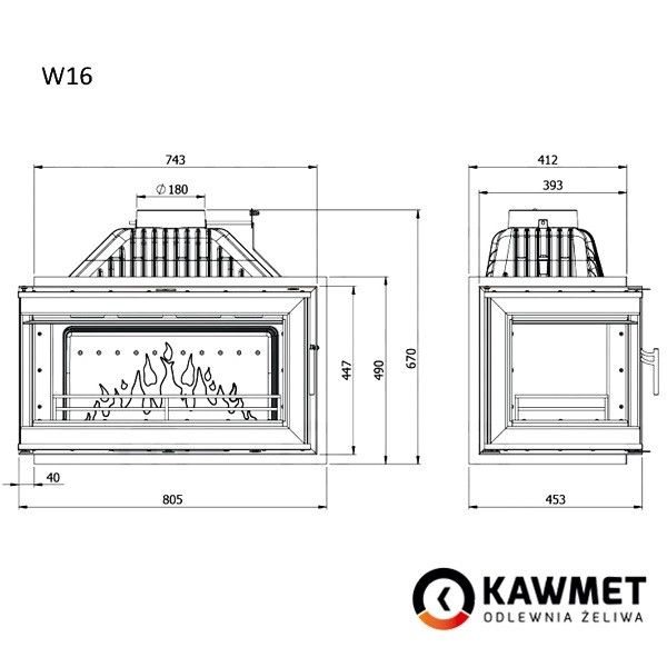 Камінна топка KAWMET W16 з лівим боковим склом без рами (14.7 квт) KAWMET W16 LB (13.5 kW) фото