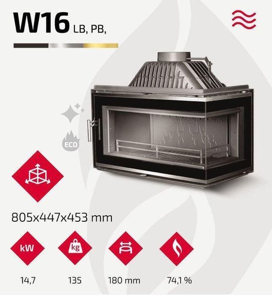 Каминная топка KAWMET W16 с правым боковым стеклом без рамы (13.5 kW) ECO KAWMET W16 PB (13.5 kW) фото
